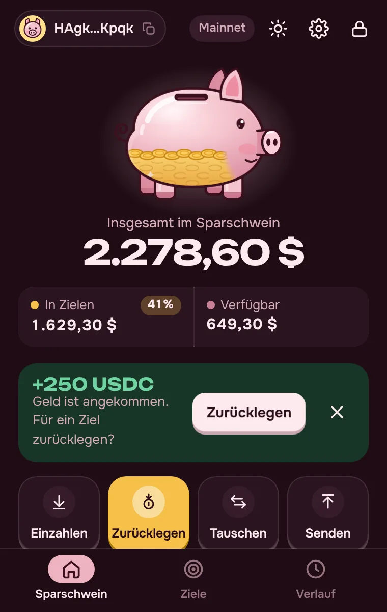 Pantalla principal de PiggyBank: saldo, metas y billetera