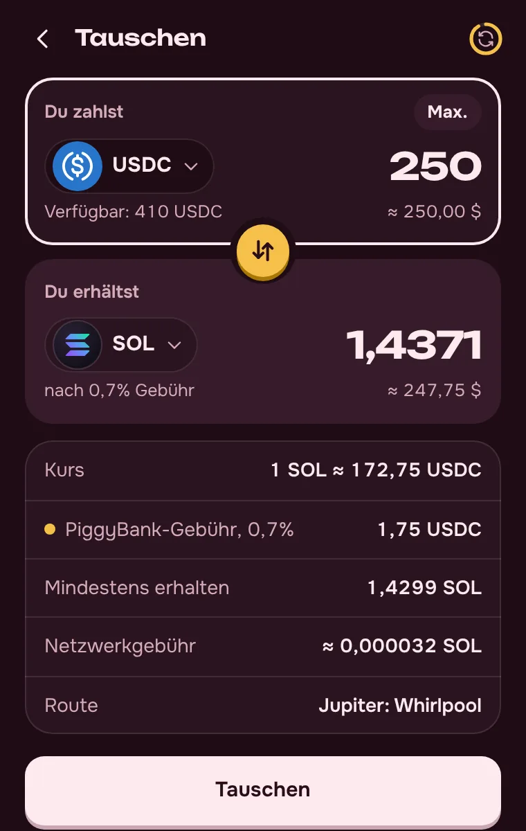 Intercambio de SOL, USDC y USDT: la comisión del 0,7 % a la vista
