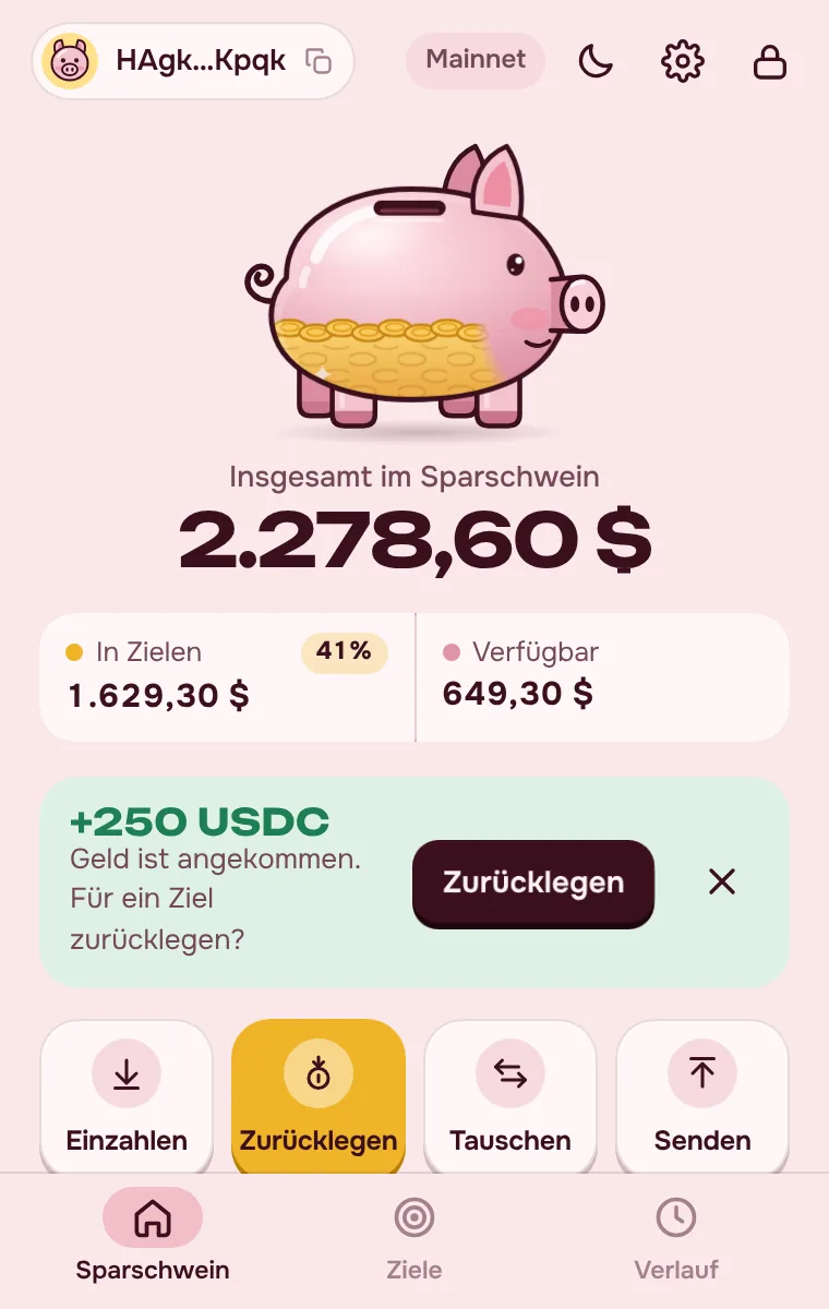 Pantalla principal de PiggyBank: saldo, metas y billetera