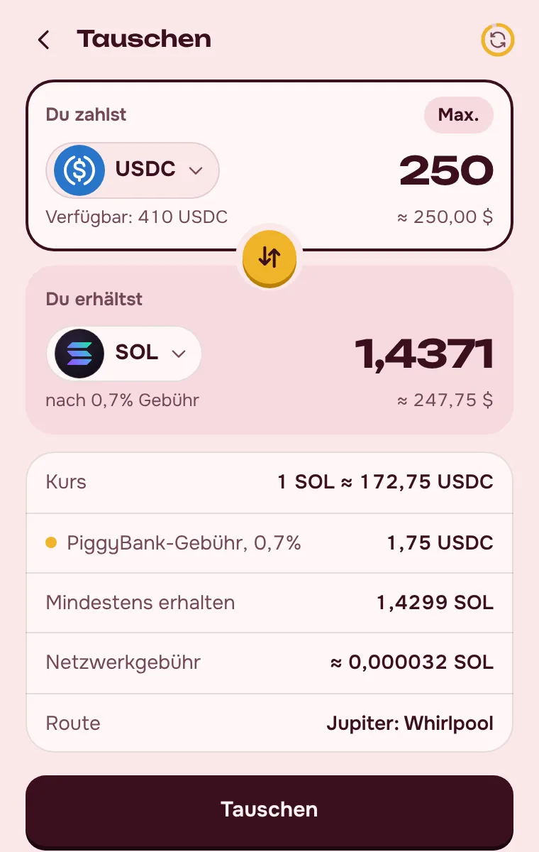 Intercambio de SOL, USDC y USDT: la comisión del 0,7 % a la vista