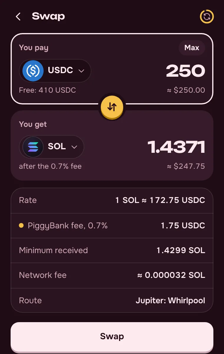 Intercambio de SOL, USDC y USDT: la comisión del 0,7 % a la vista