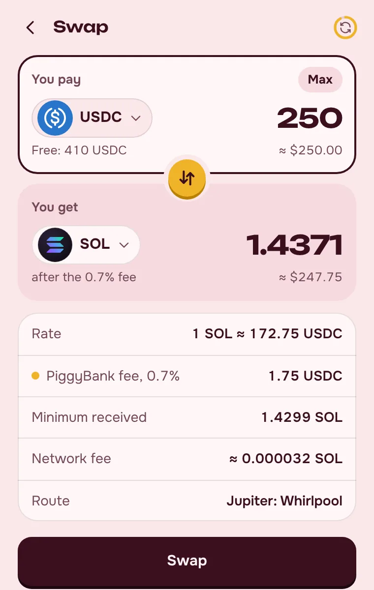 Intercambio de SOL, USDC y USDT: la comisión del 0,7 % a la vista