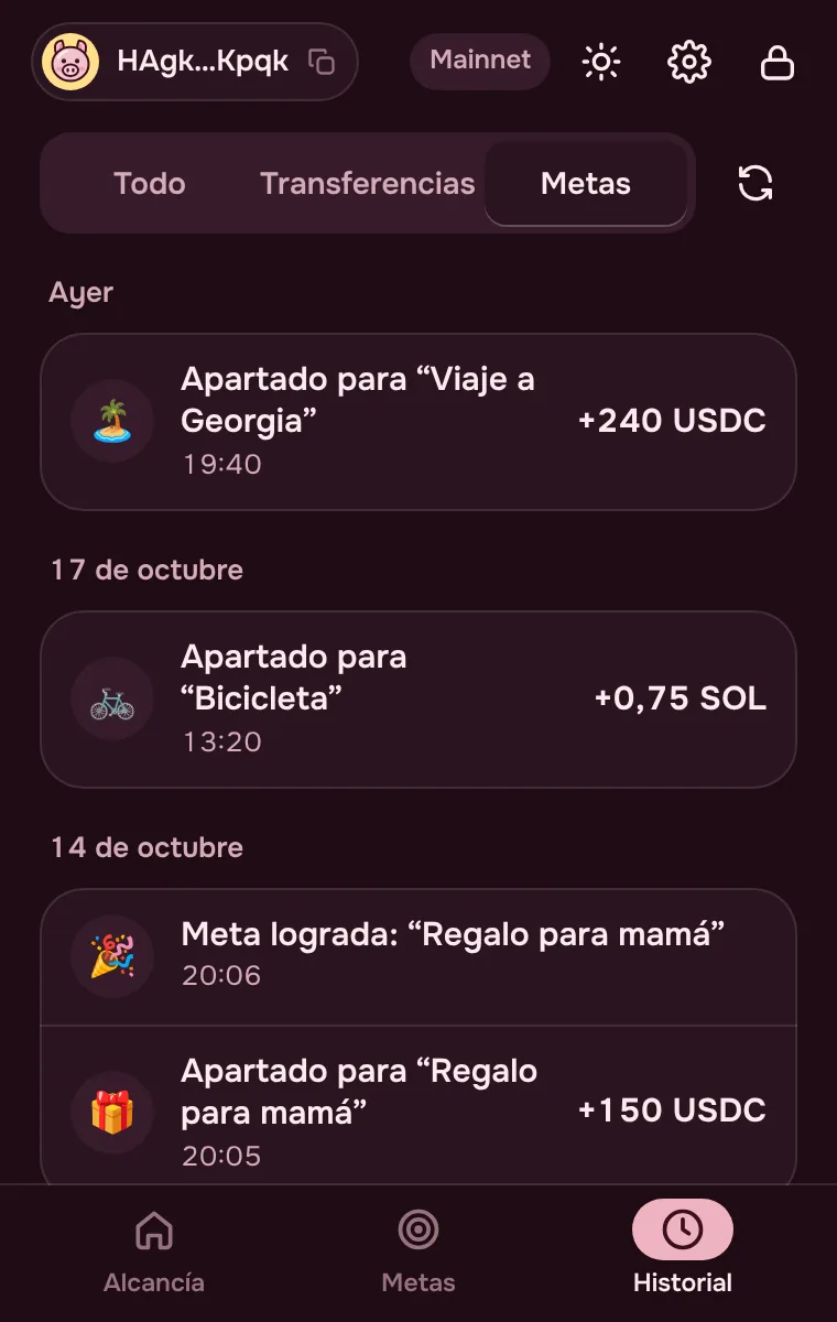 Historial de recargas y metas