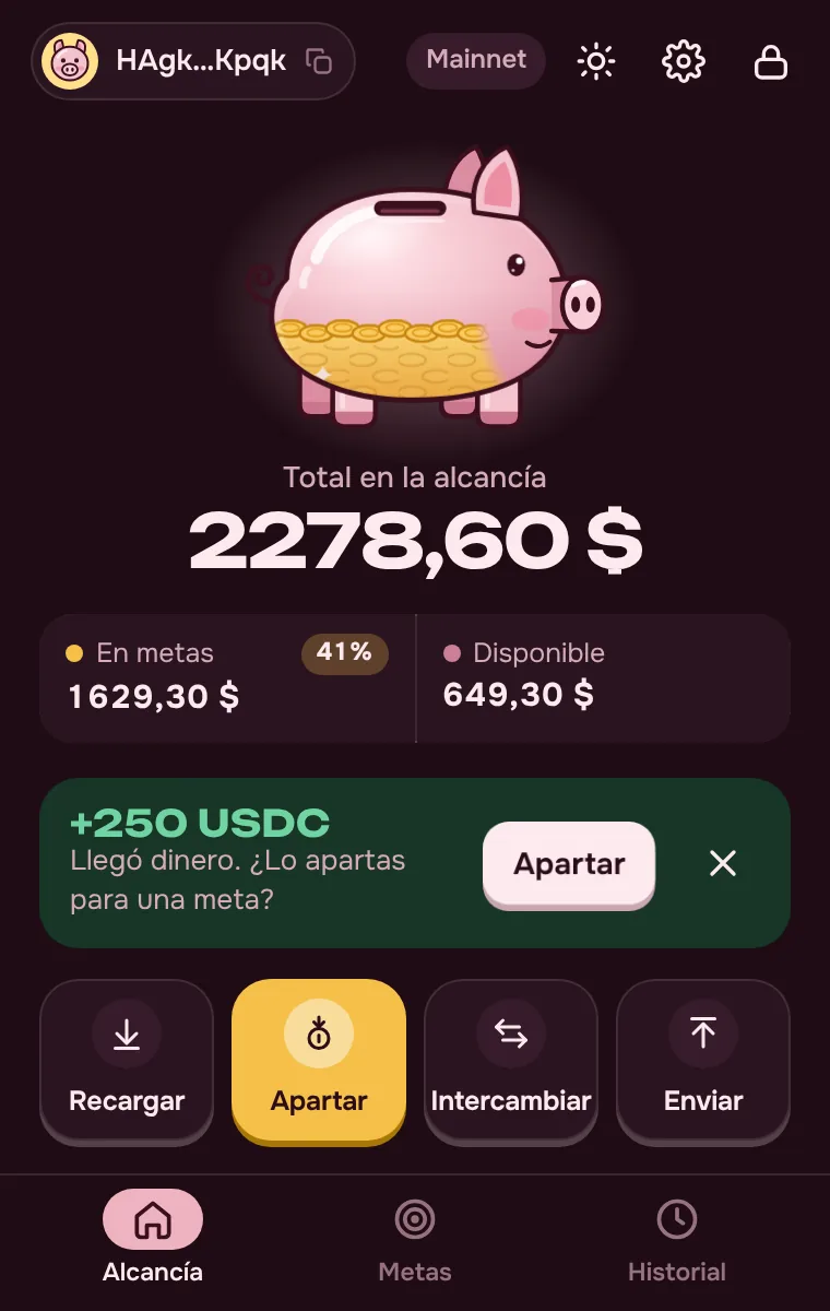 Pantalla principal de PiggyBank: saldo, metas y billetera