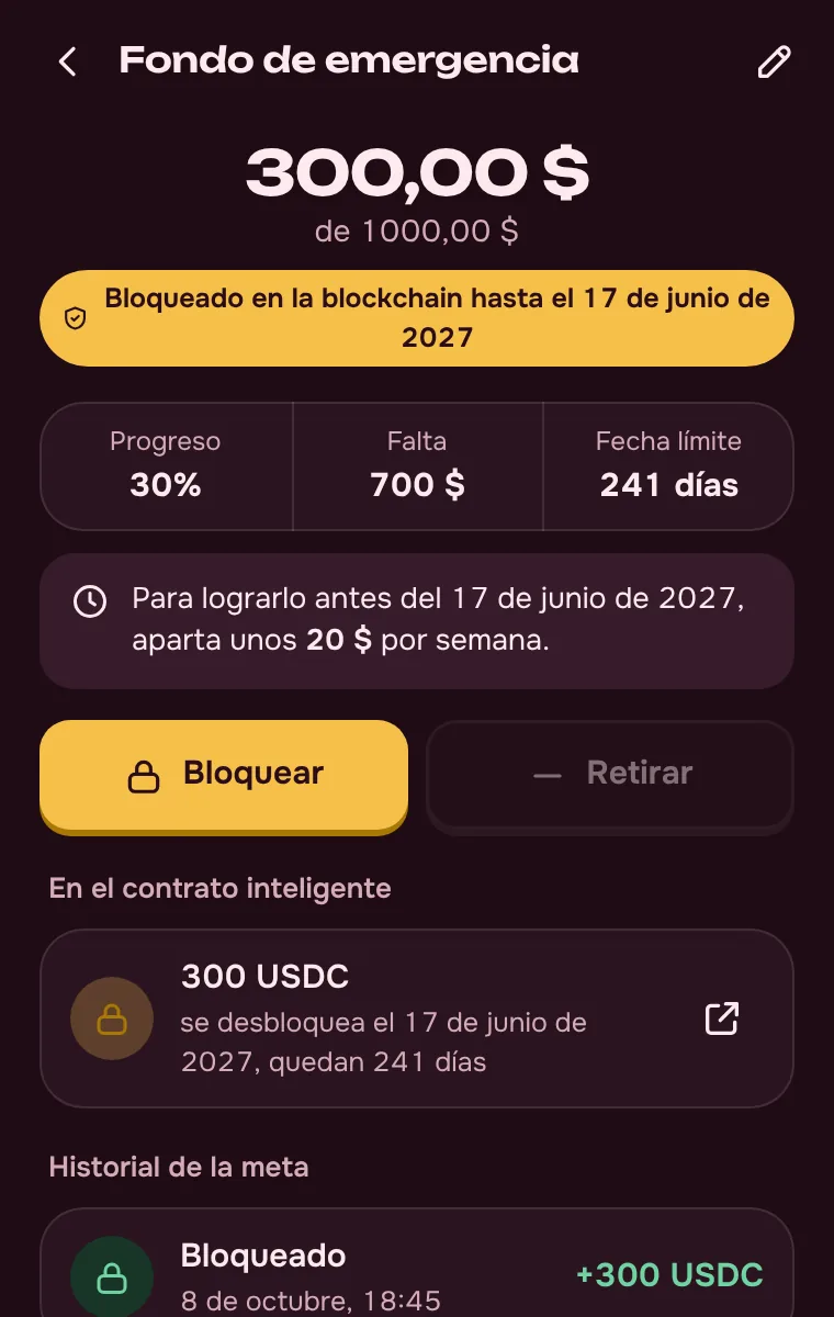 Dinero bloqueado en la blockchain hasta la fecha