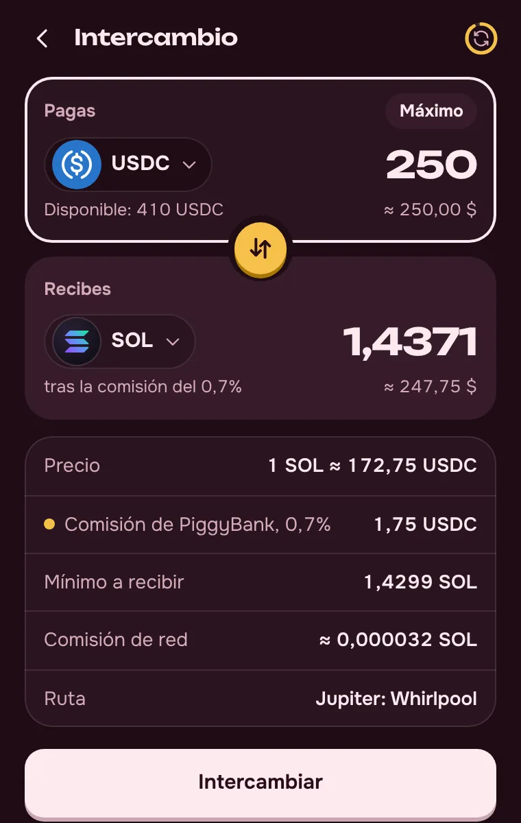 Intercambio de SOL, USDC y USDT: la comisión del 0,7 % a la vista