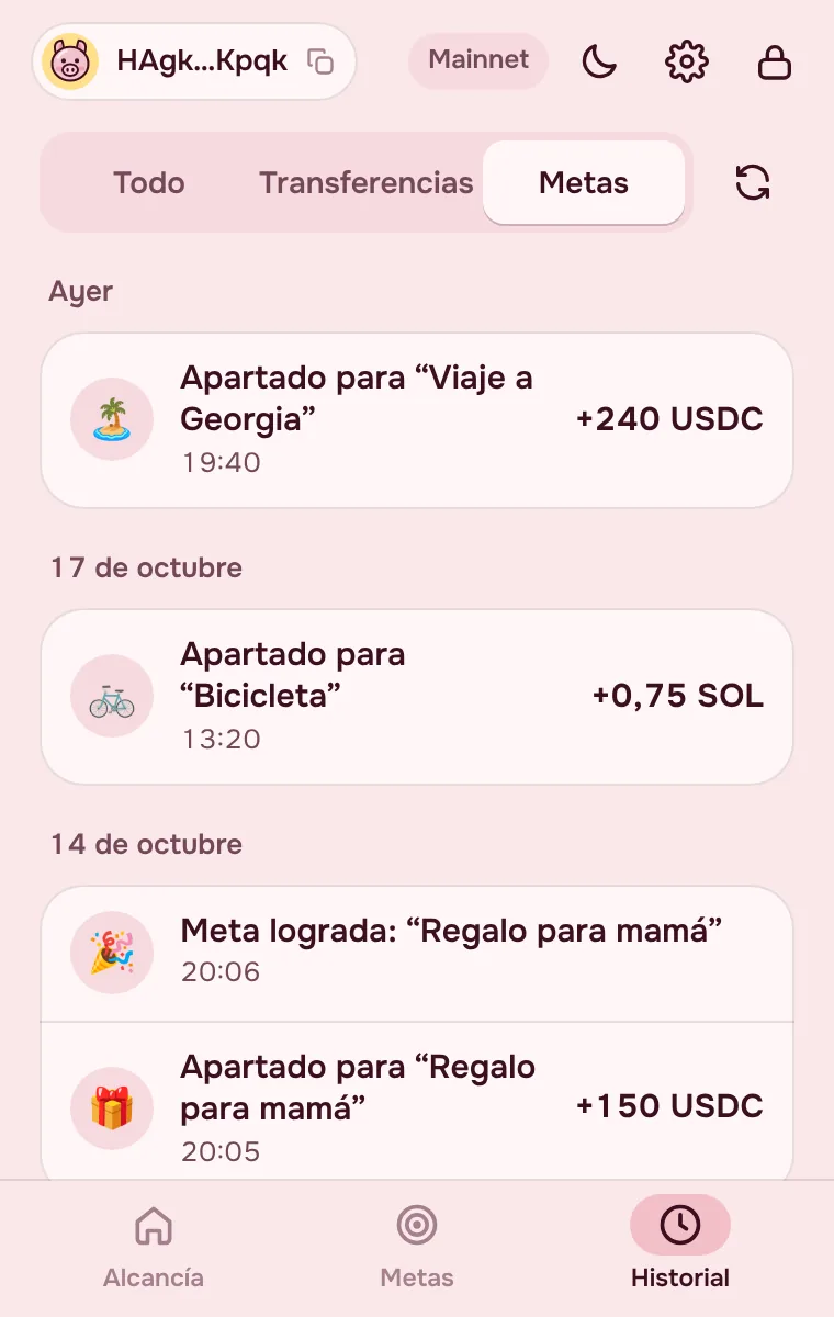 Historial de recargas y metas