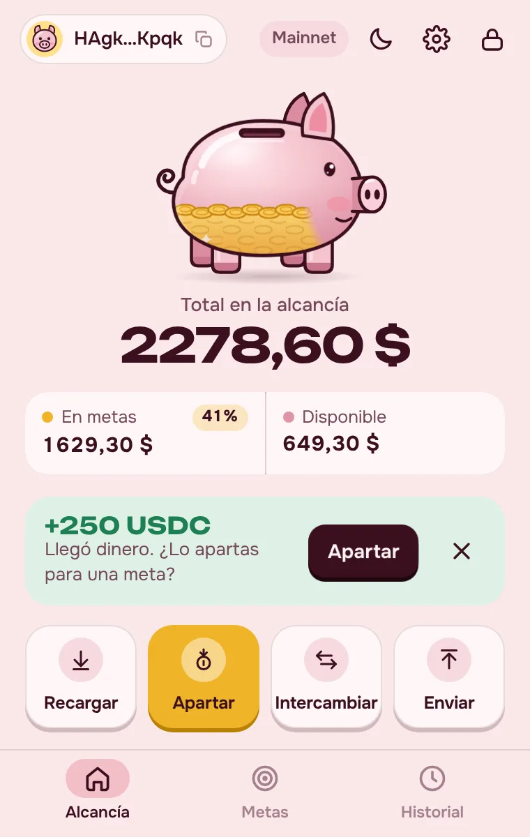 Pantalla principal de PiggyBank: saldo, metas y billetera