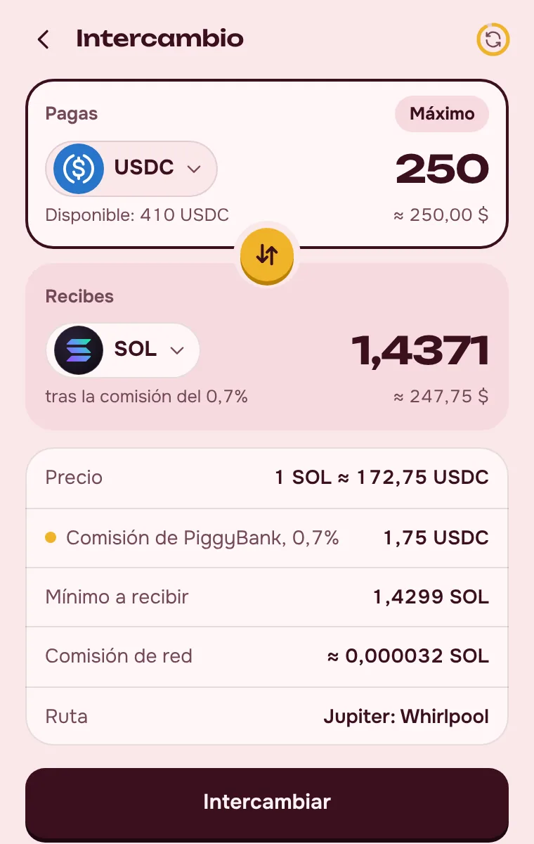 Intercambio de SOL, USDC y USDT: la comisión del 0,7 % a la vista