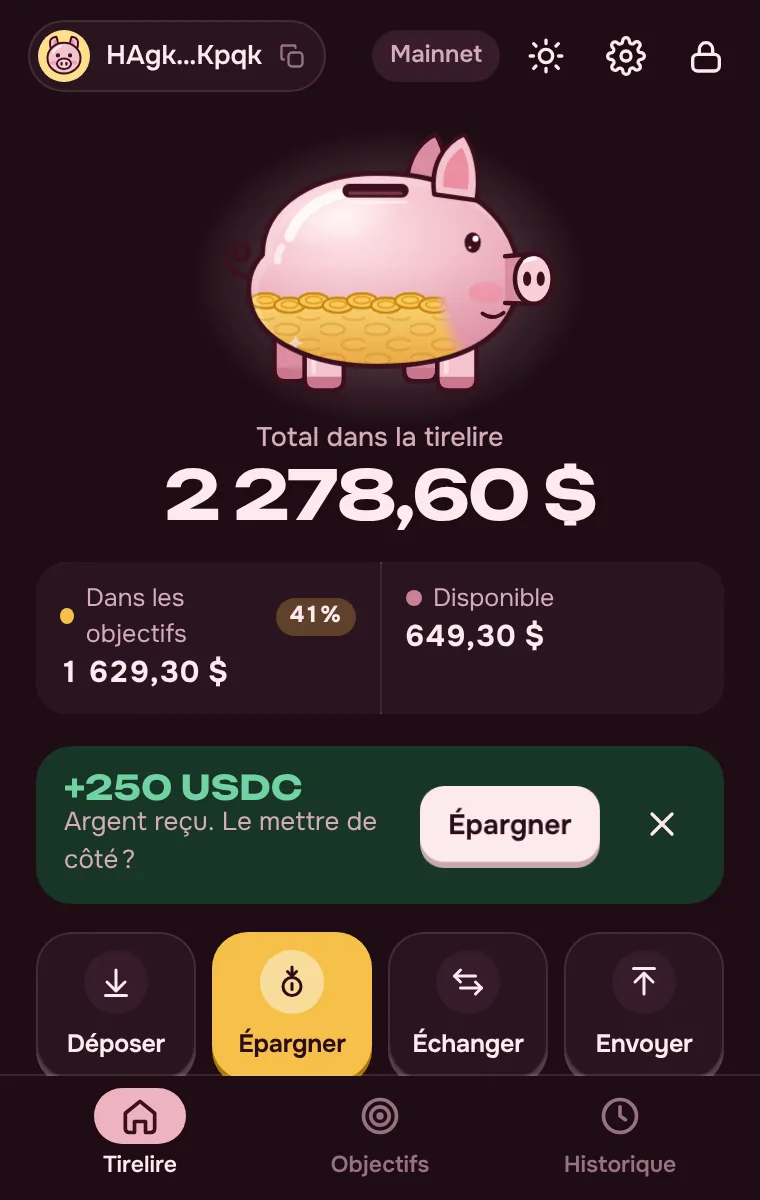 Pantalla principal de PiggyBank: saldo, metas y billetera