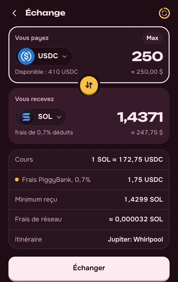 Intercambio de SOL, USDC y USDT: la comisión del 0,7 % a la vista