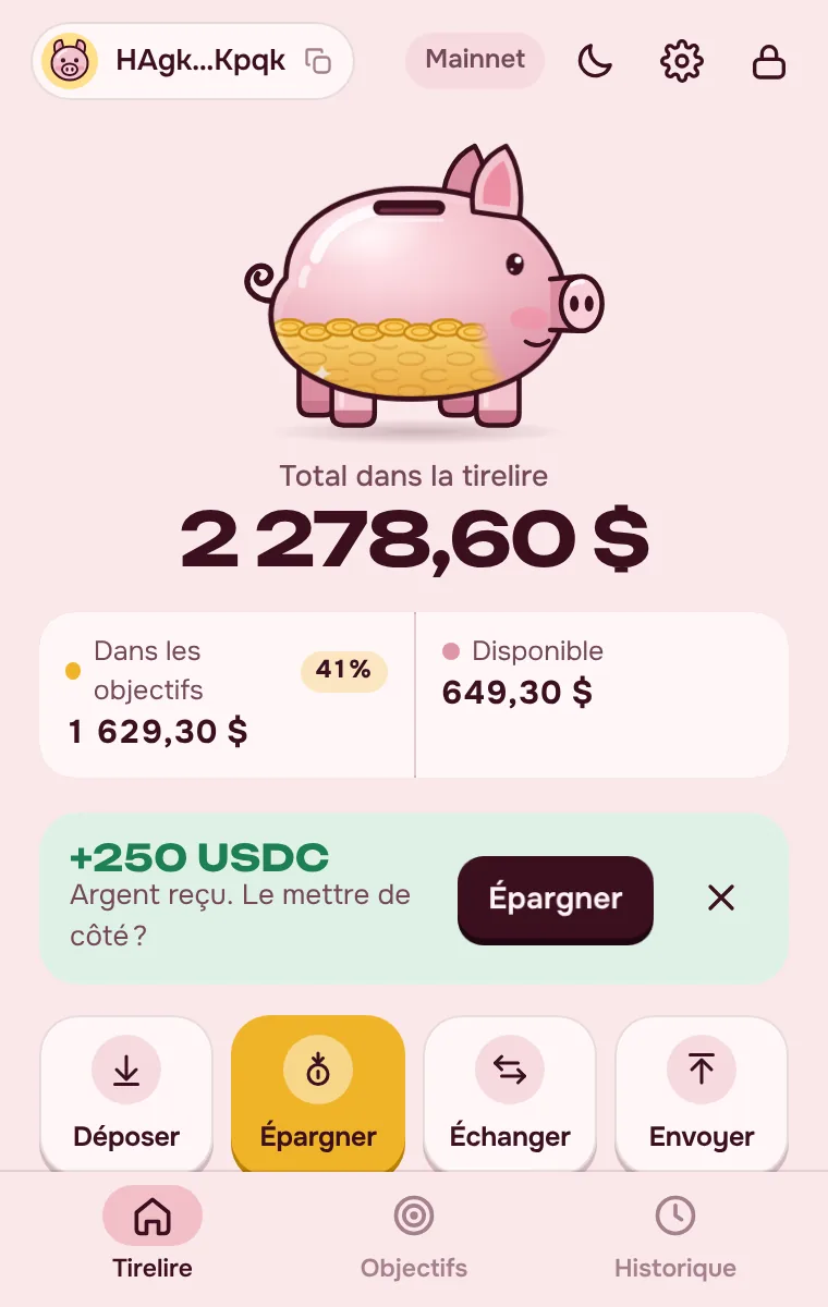 Pantalla principal de PiggyBank: saldo, metas y billetera
