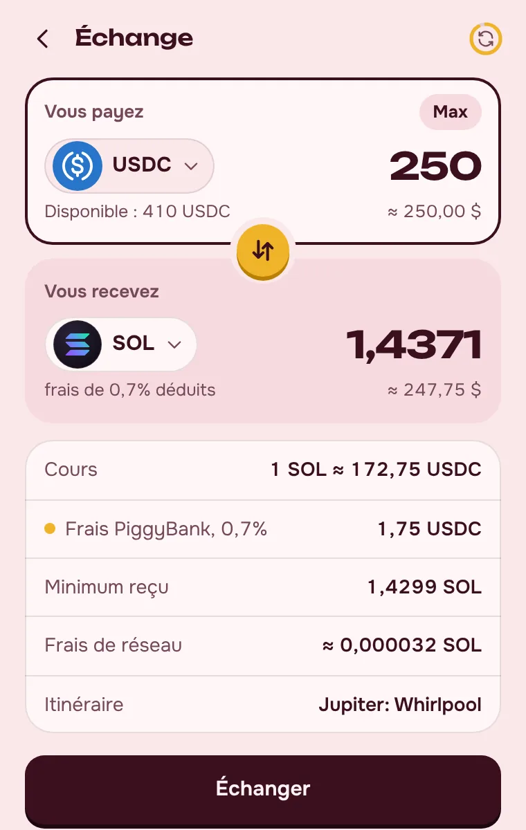 Intercambio de SOL, USDC y USDT: la comisión del 0,7 % a la vista