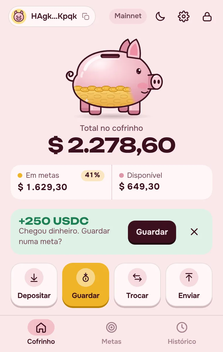 Pantalla principal de PiggyBank: saldo, metas y billetera