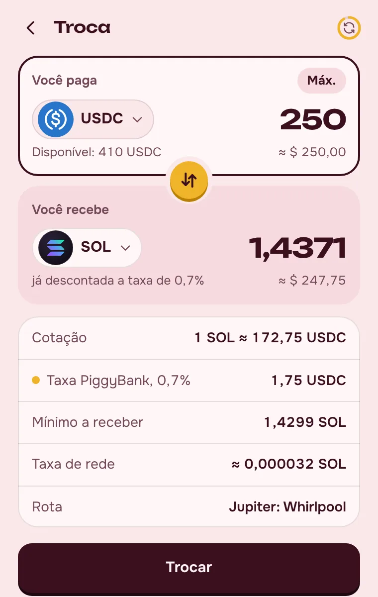 Intercambio de SOL, USDC y USDT: la comisión del 0,7 % a la vista